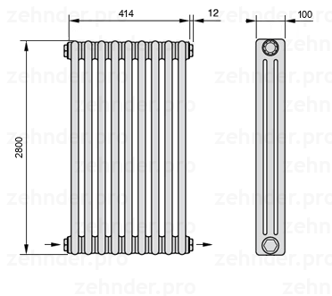 Схема (чертеж) Радиатор Zehnder Charleston 3280/9 №2670 Белый глянцевый RAL 9016